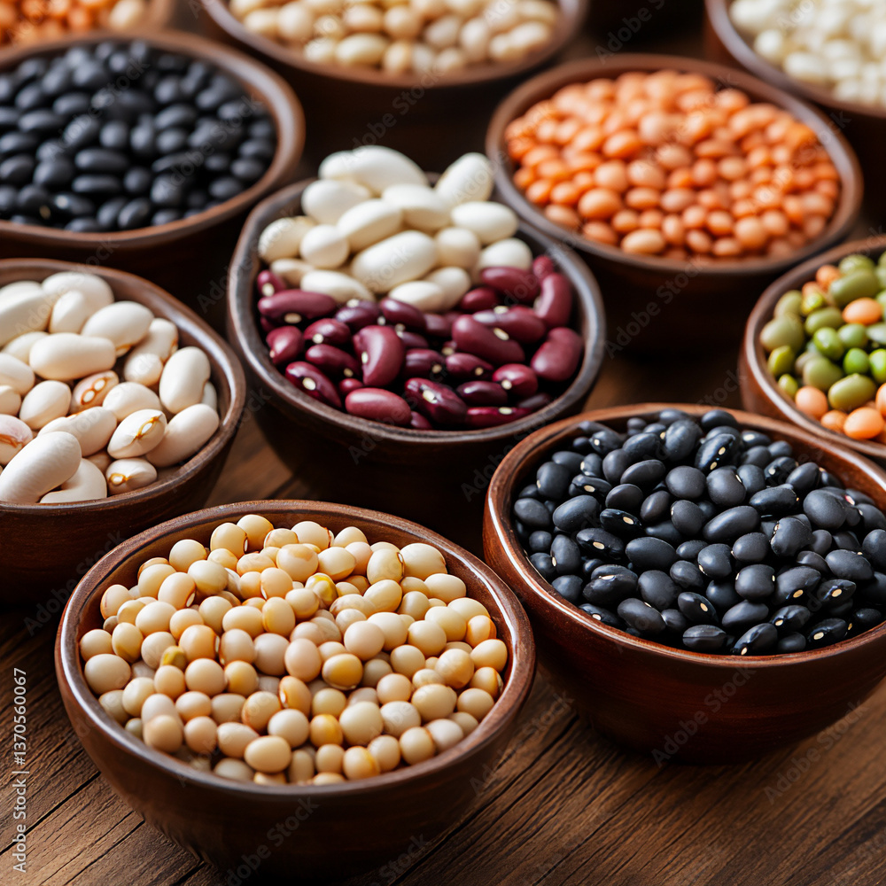 a colorful variety of beans (black beans, white beans, red kidney beans, lentils) in small bowls, arranged on a wooden table, close-up shot, a colorful variety of beans (black beans, white beans, red kidney beans, lentils) in small bowls, arranged on a wooden table, close-up shot,