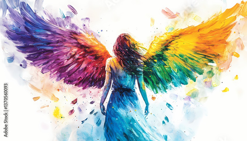 Rainbow Angel Wings Watercolor Painting