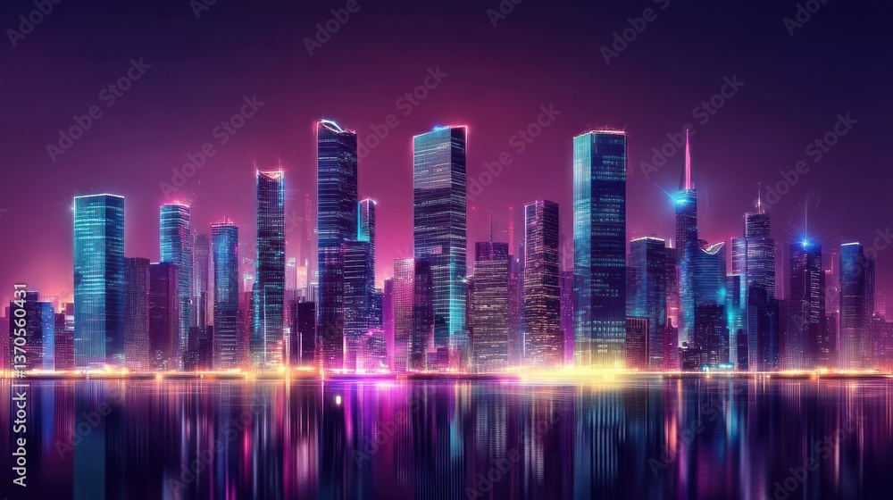 Fototapeta premium A Vibrant Cyberpunk Cityscape with Striking Neon Lights and Stunning Reflections