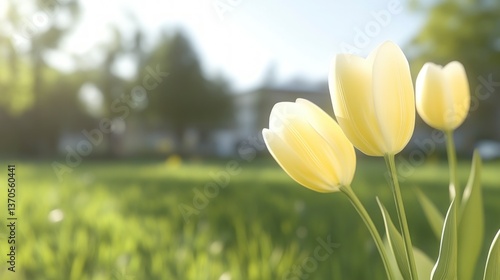 Three Pastel Yellow Tulips Blooming in a Sunny Spring Park