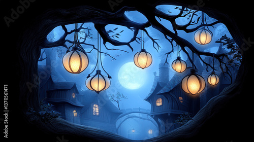 Enchanted night scene with glowing lanterns illuminating a mystical village under a full moon creating a serene atmosphere and inviting wonder healthy living concept