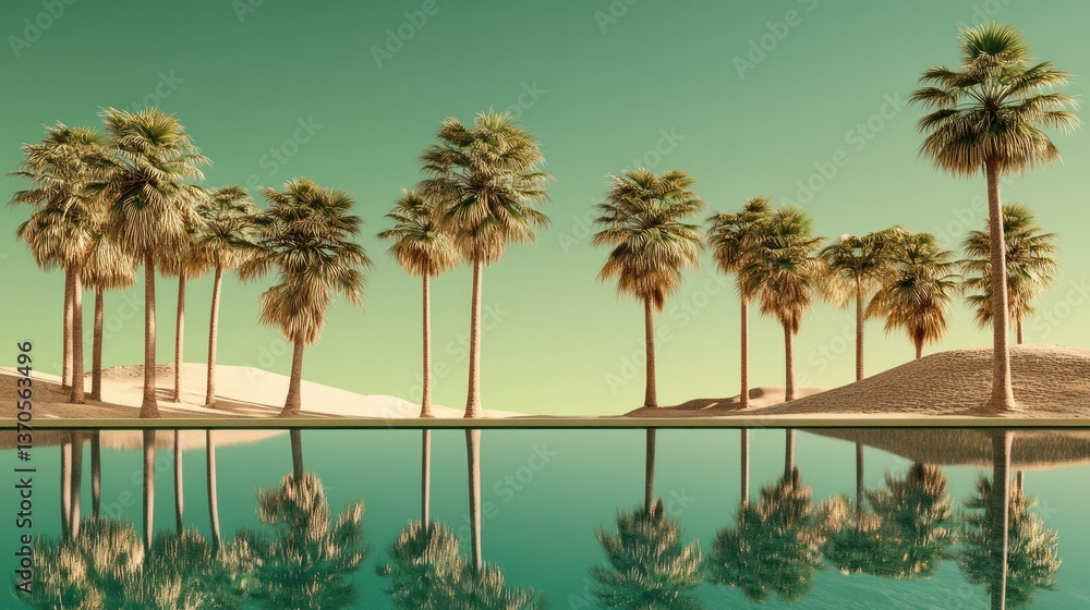 Fototapeta premium Desert oasis with palm trees reflected in tranquil turquoise water.