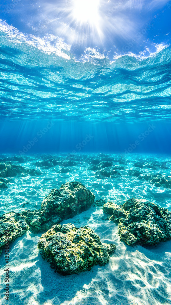 Fototapeta premium Sunlit underwater scene with clear water, sandy bottom, and rocks