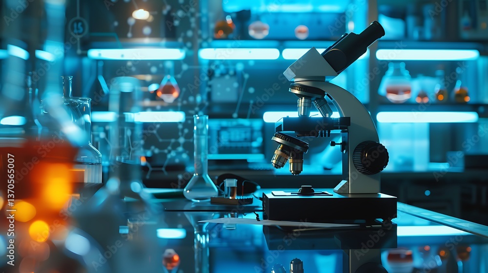 Laboratory Microscope and Glassware on Bright Table Surrounded by Chemical Solutions Laboratory Microscope and Glassware on Bright Table Surrounded by Chemical Solutions
