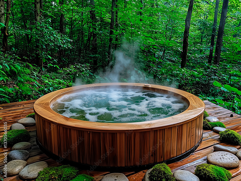 Fototapeta premium Jacuzzi in a dense forest surrounded by greenery