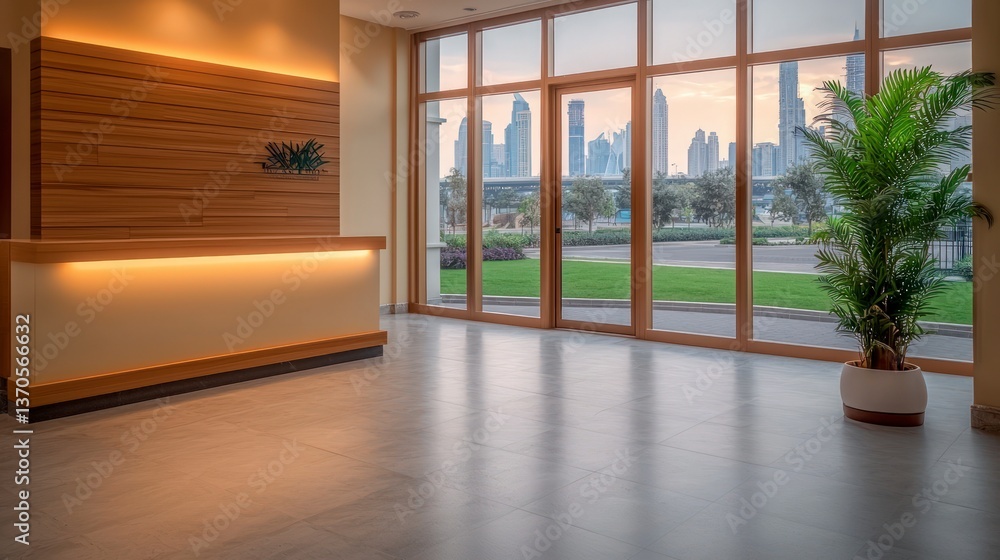 Fototapeta premium Modern Lobby Reception Desk with City Skyline View Stylish Interior Design