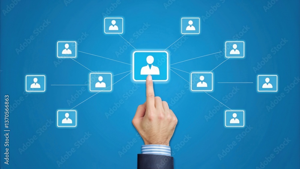 Digital platform connecting and futuristic technology. Network diagram with a hand pointing at a central figure surrounded by various user icons. Digital platform connecting and futuristic technology. Network diagram with a hand pointing at a central figure surrounded by various user icons.