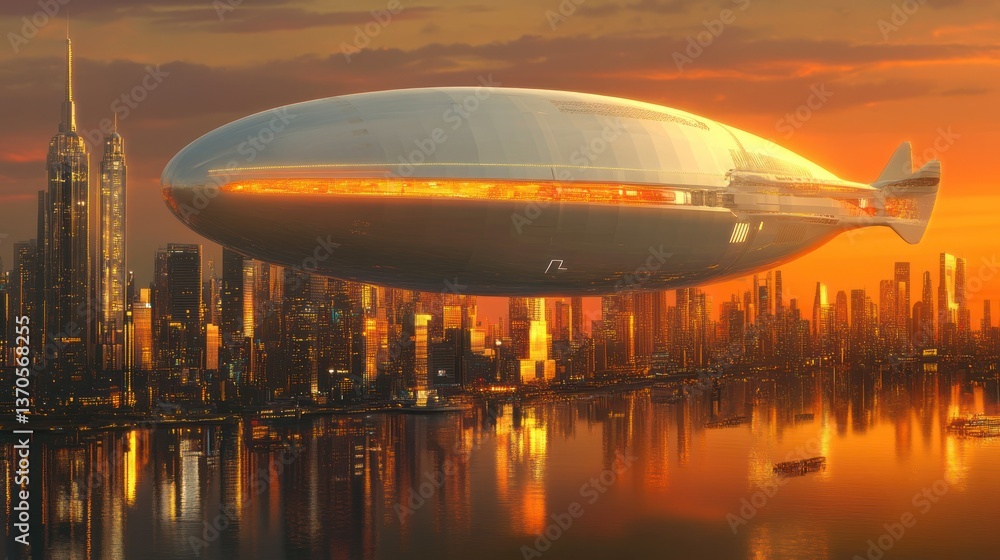 Fototapeta premium Futuristic airship flying over city during sunset, reflected in the water.