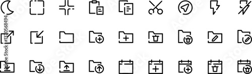 A black-and-white icon set representing various UI functions