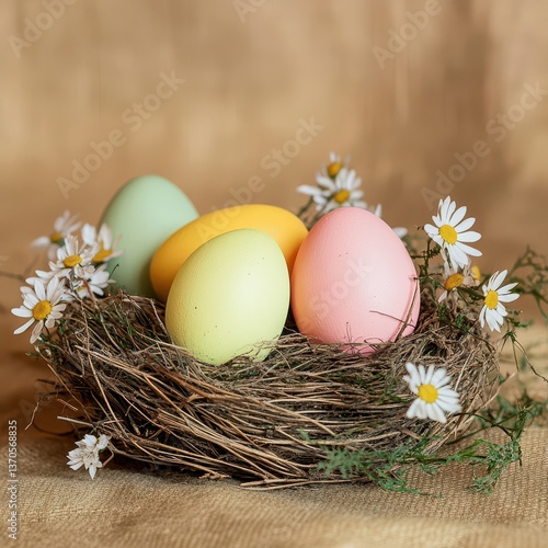 Colorful eggs in a nest adorned with flowers
