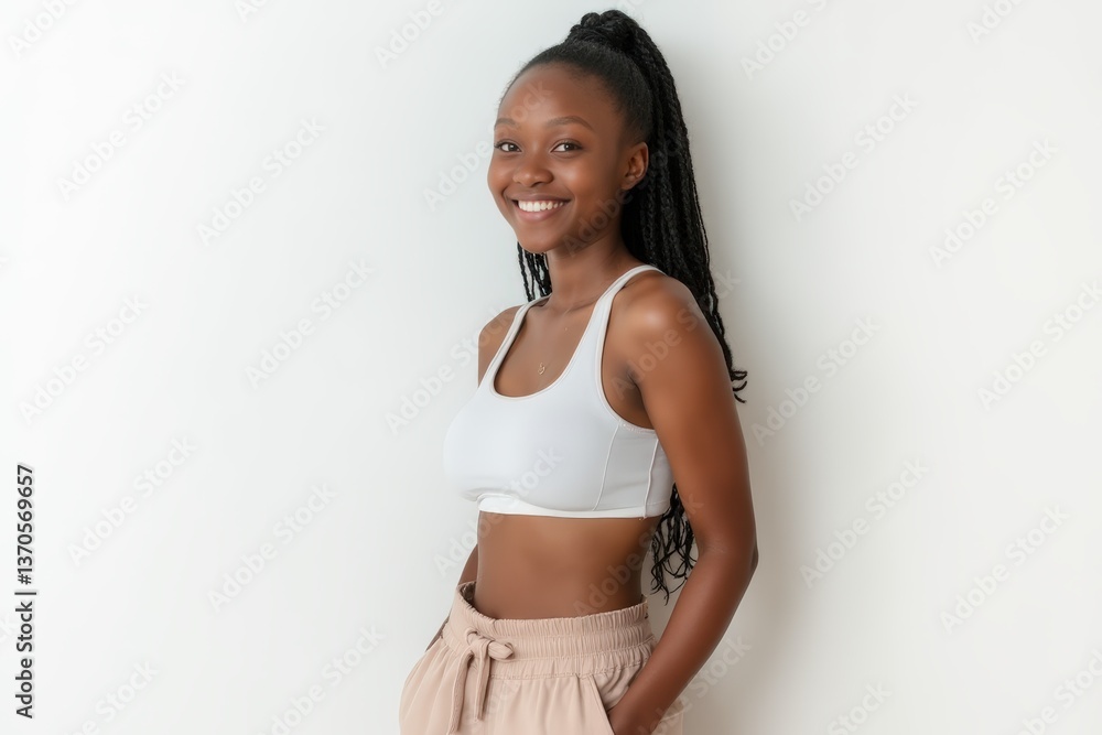 Fototapeta premium Half-Length (Waist-Up) portrait of young stylish smiling Tanzanian female model in sporty wear isolated on pure white background looking at camera