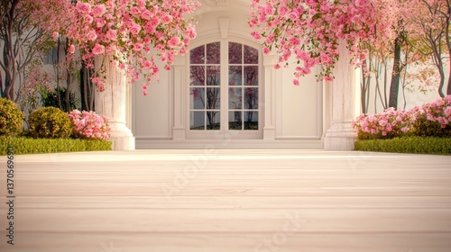 Romantic Spring Garden Entrance with Blooming Pink Roses and White Columns