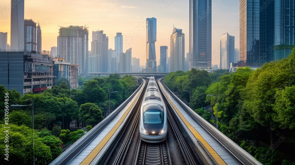 Fototapeta premium A high-speed electric train traveling through a metropolitan cityscape, gliding silently along an elevated railway track.