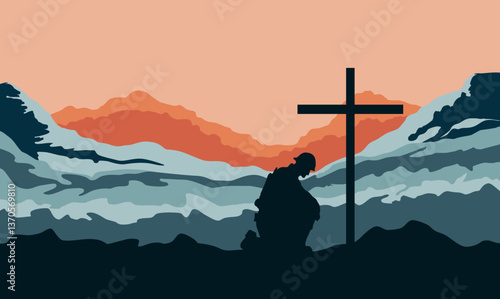 Silhouette of a soldier at a mass grave against the backdrop of a sunset. Poster for the day of remembrance of those killed in the war. Anzac Day, Remembrance, Victory day with copyspace