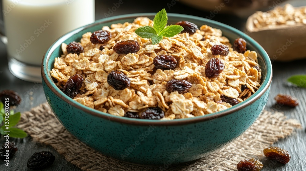 Hearty bowl of wholesome granola with raisins. A healthy breakfast or snack option Hearty bowl of wholesome granola with raisins. A healthy breakfast or snack option