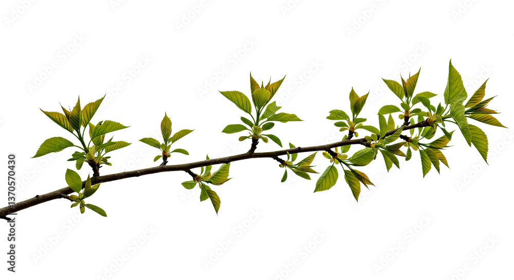 A Natural, Slightly Curved Tree Branch With Clusters of Bright Green Leaves Sprouting Along Its Length A Natural, Slightly Curved Tree Branch With Clusters of Bright Green Leaves Sprouting Along Its Length