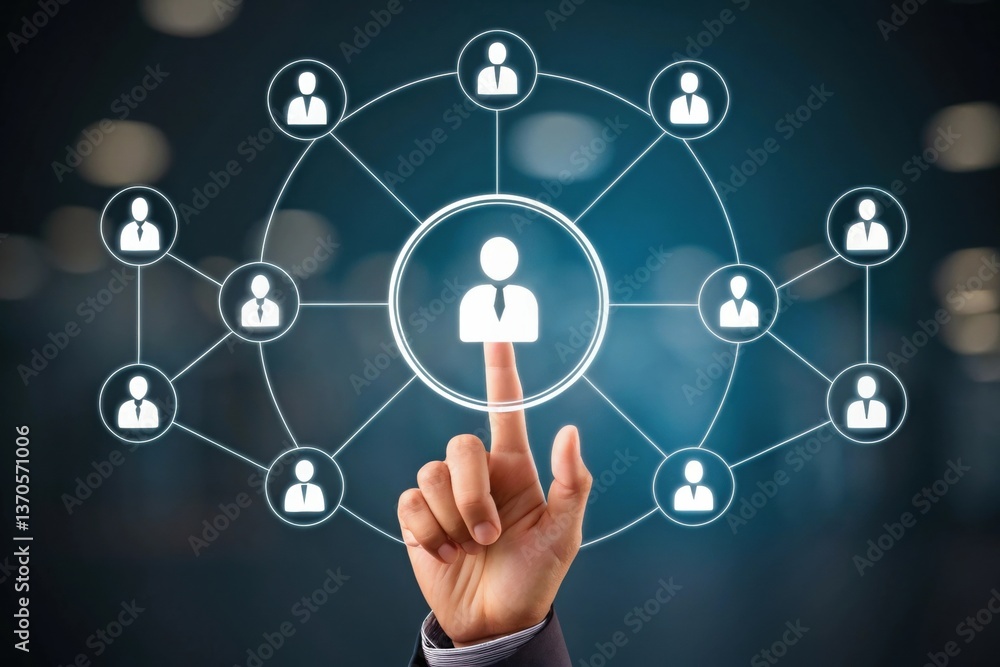 Digital platform connecting and futuristic technology. Hand pointing at a network of user icons, symbolizing connection and communication. Digital platform connecting and futuristic technology. Hand pointing at a network of user icons, symbolizing connection and communication.
