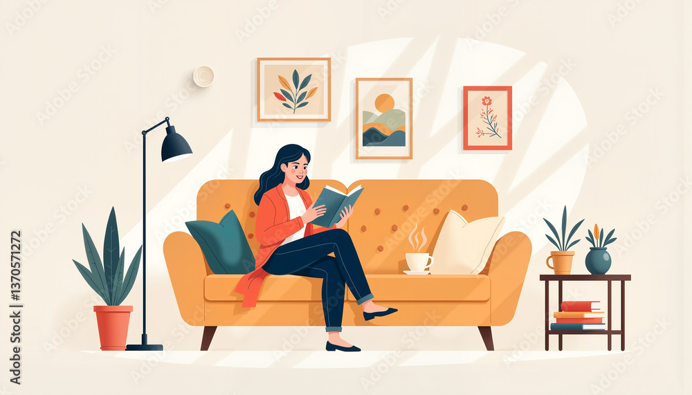 Fototapeta premium Woman enjoying a book in a cozy living room for a staycation 