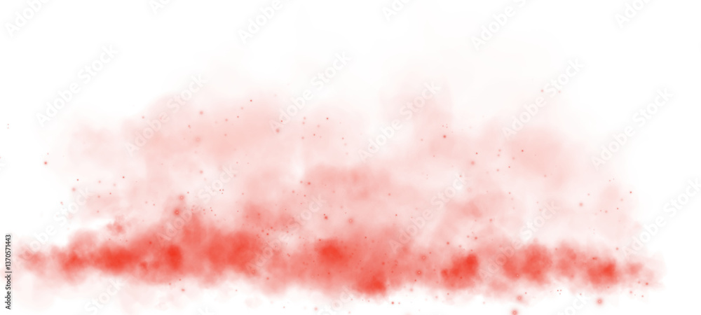 Fototapeta premium Magic red smoke with glitter and small particles of twinkling stars. Fog with luminous particles. Red vapor with stardust. Morning fog over land or water surface, magic haze. Fog or smoke. PNG.