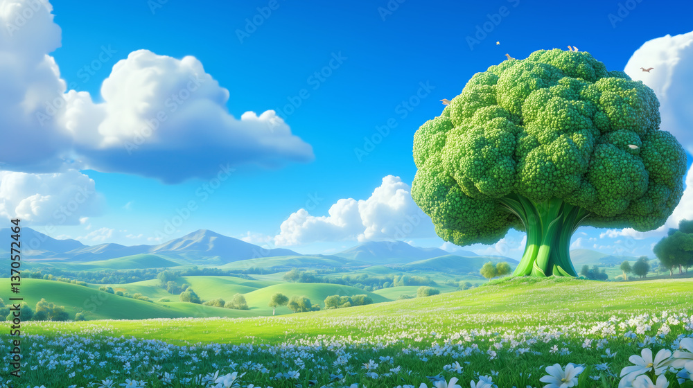 Fototapeta premium A whimsical landscape features a massive broccoli tree standing alone on rolling green hills. Fluffy clouds drift across the deep blue sky, with wildflowers blooming abundantly below