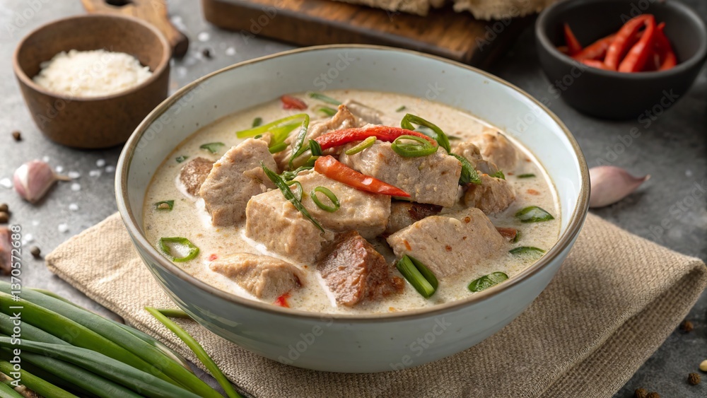 Bicol express served in a deep bowl with green onions and red chili pepper Bicol express served in a deep bowl with green onions and red chili pepper
