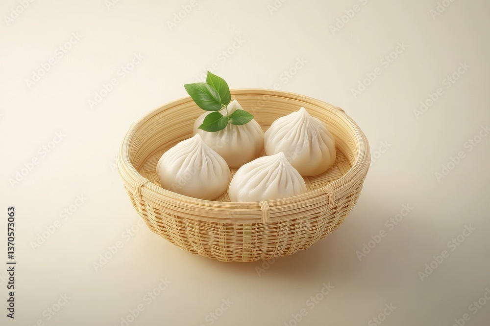 A traditional bamboo steamer full of perfectly shaped steamed baozi dumplings, ready to be enjoyed. A traditional bamboo steamer full of perfectly shaped steamed baozi dumplings, ready to be enjoyed.