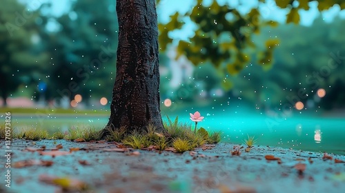 Serene Rain A Single Pink Flower Blooms Near a Tree Trunk in a Park