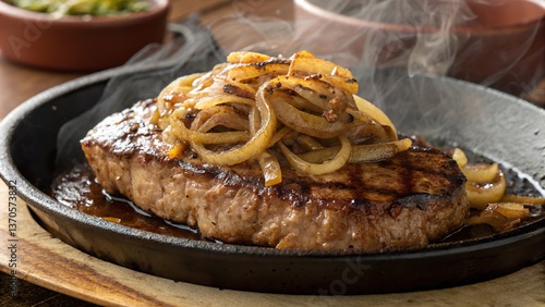 Juicy pan seared bistec topped with caramelized onions in a sizzling skillet