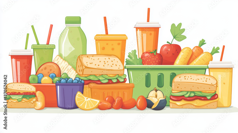 Fototapeta premium Lunchbox set isolated on white background. Vector cartoon illustration of fresh healthy food in plastic containers, vacuum flasks with drinks, vegetable salad, fruits, sandwich packed for school lunch
