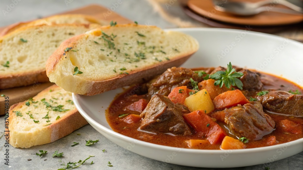 Beef caldereta served with garlic bread on a table for a delicious meal experience in a cozy dining setting
