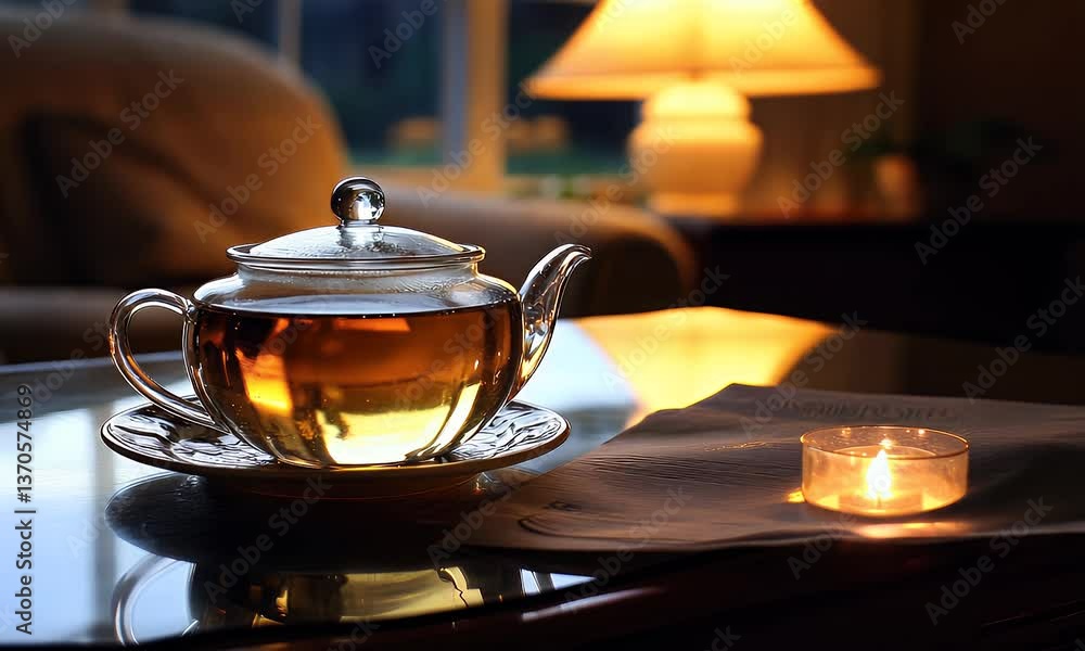 Cozy Tea Set on Table with Candle and Soft Lighting in Comfortable Living Room Cozy Tea Set on Table with Candle and Soft Lighting in Comfortable Living Room