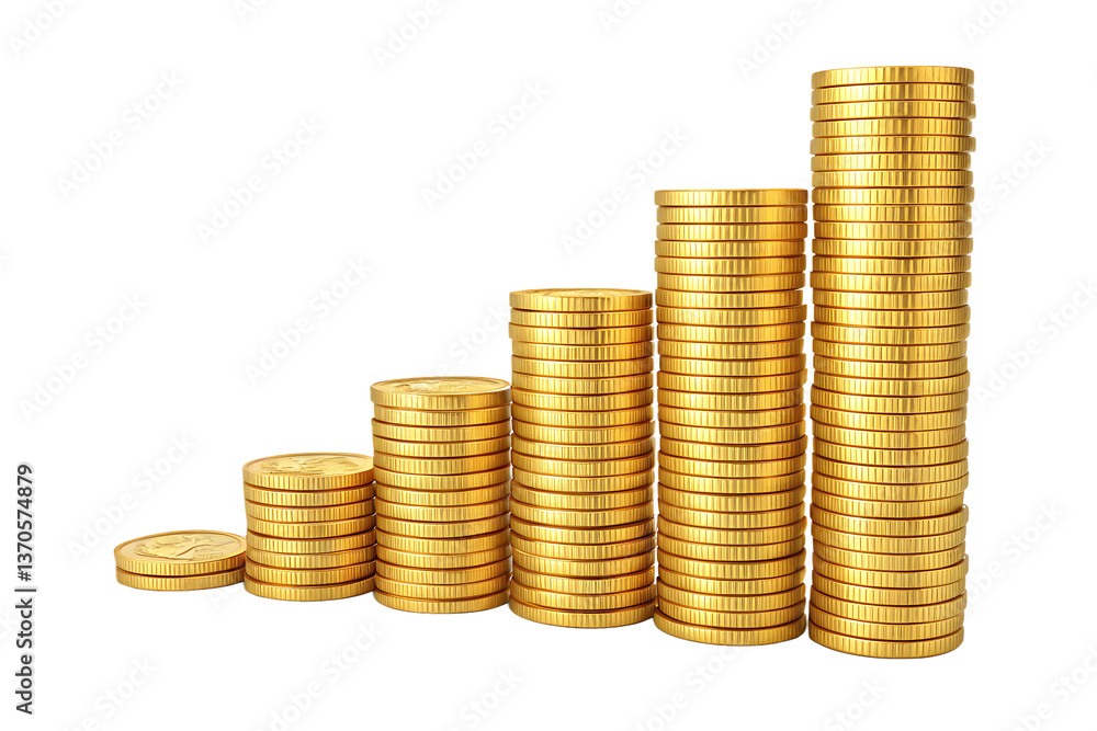 Stacks of gold coins arranged in increasing heights on a isolated on transparent or white background, png represent growth concept Stacks of gold coins arranged in increasing heights on a isolated on transparent or white background, png represent growth concept