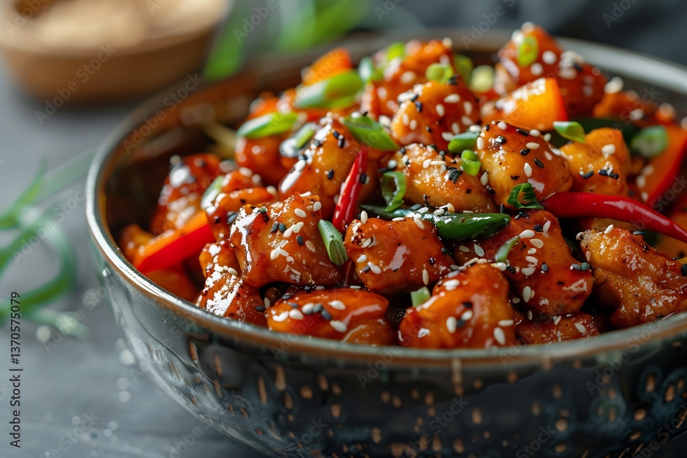 Chicken Black Pepper Dry plated in shallow bowl with soy glaze Chicken Black Pepper Dry plated in shallow bowl with soy glaze