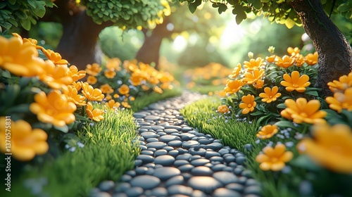 Serene Stone Path Winding Through a Lush Garden of Vibrant Yellow Flowers at Sunrise