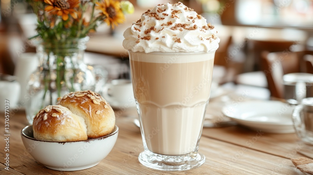 Latte with whipped cream and pastries Latte with whipped cream and pastries