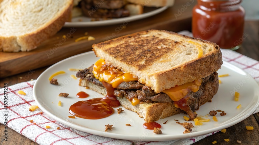 Tasty beef and cheddar sandwich served on toasted bread with sweet and tangy sauce in a cozy dining setting Tasty beef and cheddar sandwich served on toasted bread with sweet and tangy sauce in a cozy dining setting
