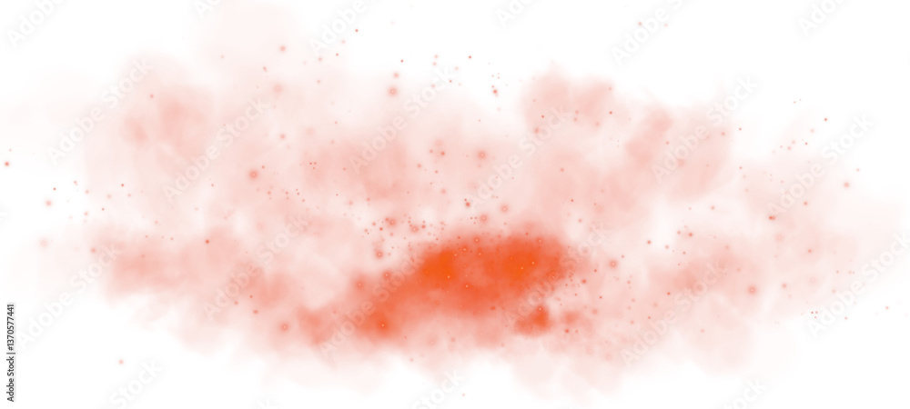 Obraz premium Magic red smoke with glitter and small particles of twinkling stars. Fog with luminous particles. Red vapor with stardust. Morning fog over land or water surface, magic haze. Fog or smoke. PNG.