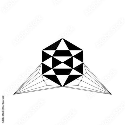 Geometric Abstraction: Black and White Polyhedral Structure on White Background