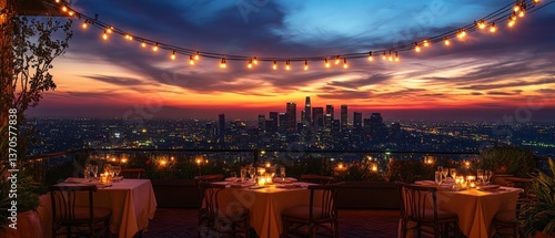 Romantic dinner under twinkling lights los angeles skyline evening ambiance rooftop view fine dining experience