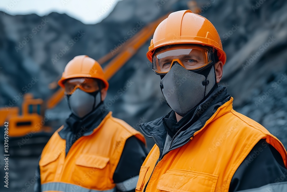 Miners in Protective Gear Working at Open-Pit Quarry, Industrial Scene with Dust and Heavy Machinery, Large-Scale Excavation, Mining Industry, Hard Labor, Dangerous Worksite, Resource Extraction Miners in Protective Gear Working at Open-Pit Quarry, Industrial Scene with Dust and Heavy Machinery, Large-Scale Excavation, Mining Industry, Hard Labor, Dangerous Worksite, Resource Extraction