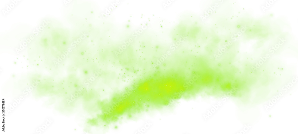 Obraz premium Magic green smoke with glitter and small particles of twinkling stars. Fog with luminous particles. Green vapor with stardust. Morning fog over land or water surface, magic haze. Fog or smoke. PNG.