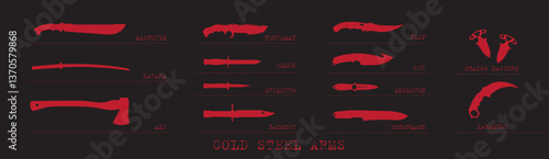 Set of vector red silhouettes of cold weapons on a black background. Banner with icons for posters, backgrounds, computer games of the action and shooter genre.