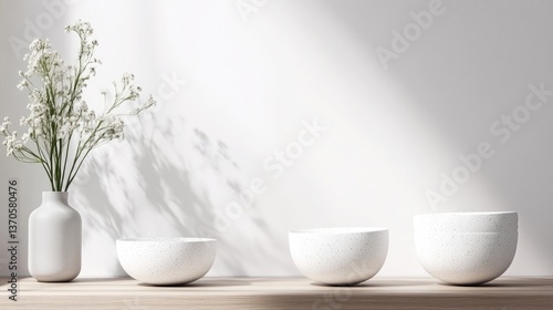 Wallpaper Mural Minimalist, neutral-toned display with delicate flowers and bowls. Soft sunlight casts gentle shadows Torontodigital.ca