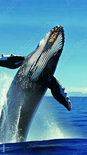 Majestic humpback whale breaches the surface in crystal clear ocean waters off the coast