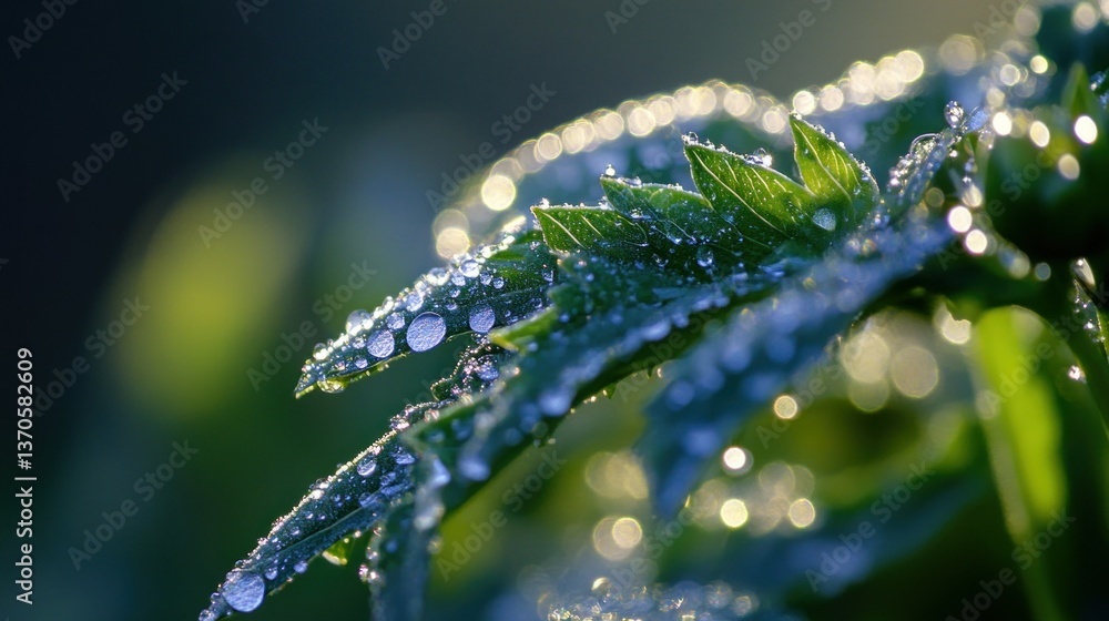 Close up of wet green leaves with shimmering droplets Close up of wet green leaves with shimmering droplets