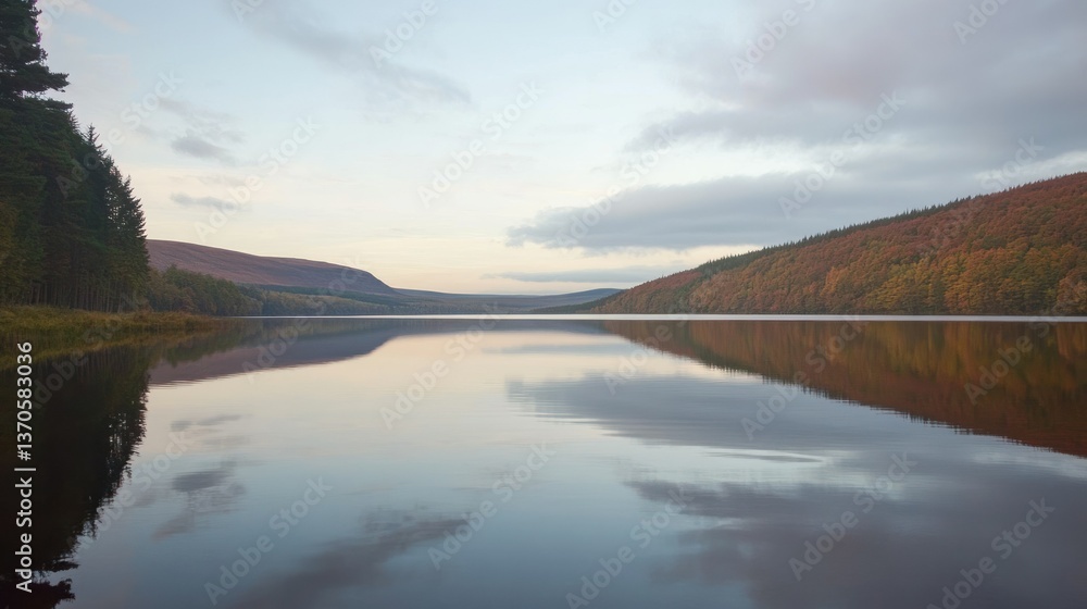 A calm lake reflects the surrounding hills and cloudy sky A calm lake reflects the surrounding hills and cloudy sky