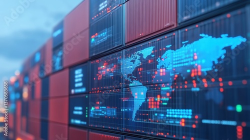 A high-tech display featuring a world map with digital data overlays, set against a backdrop of shipping containers.