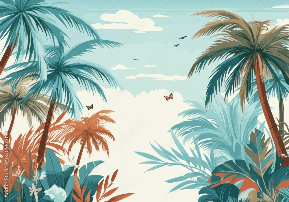 Fototapeta premium Tropical landscape with palm trees and butterflies in a serene atmosphere