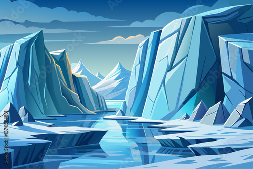 Towering Ice Cliffs landscape over a frozen sea with misty atmosphere, Highly detailed vector illustration