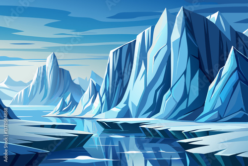 Towering Ice Cliffs landscape over a frozen sea with misty atmosphere, Highly detailed vector illustration
